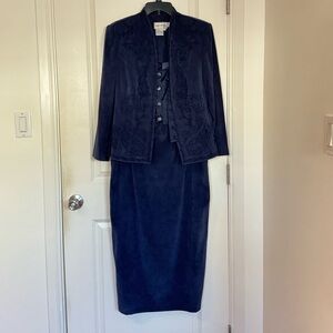 Vintage 80s Karin Stevens 2 piece set Navy blue velvet dress and button jacket
